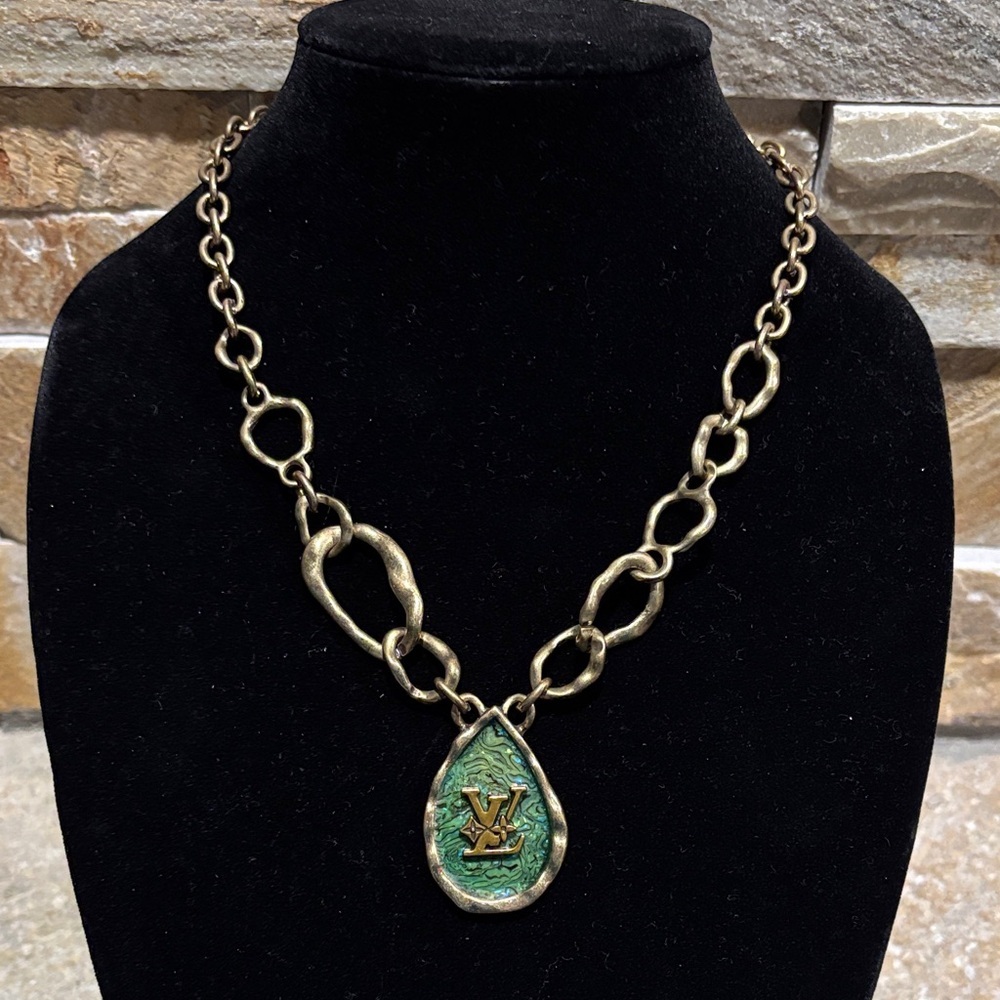 Upcycled Necklace with Green Teardrop Pendant - LV Motif